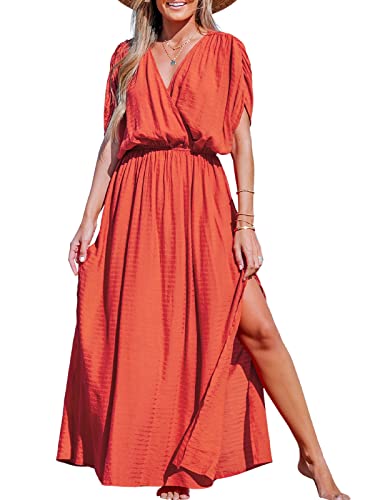 CUPSHE Women's Loose V Neck Allyssa Surplice Ruched Dress Formal Dress Short Sleeve Elastic Waist Side Slit Maxi Dress Orange