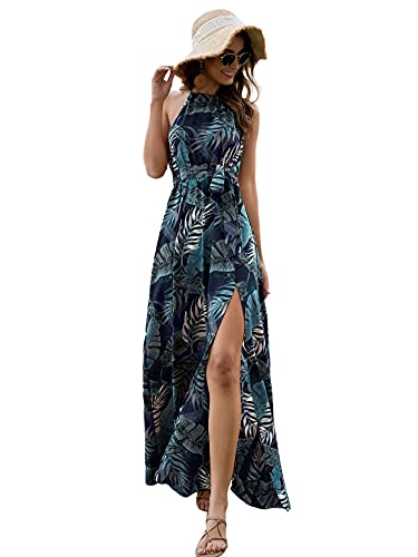 Floerns Women's Summer Tropical Floral Print Halter Neck Split Maxi Dress Dark Blue M