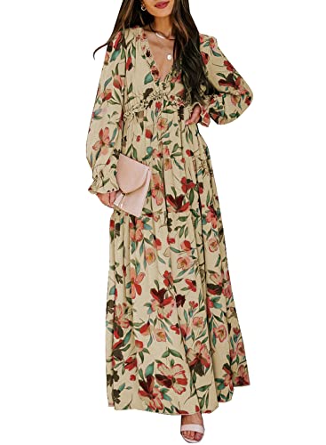 BLENCOT Women's Casual Boho Floral Printed Deep V Neck Loose Long Sleeve Long Evening Dress Ruched Cocktail Party Maxi Wedding Dress Apricot Large