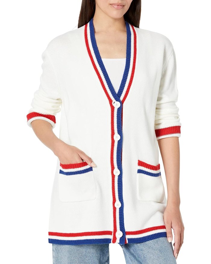 red, white and blue cardigan