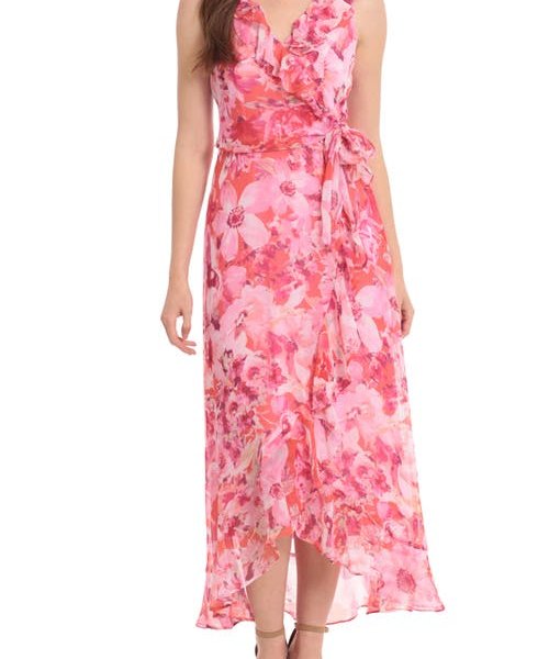 Maggy London Floral Ruffle Sleeveless Faux Wrap Maxi Dress in Coral Pink at Nordstrom, Size 0