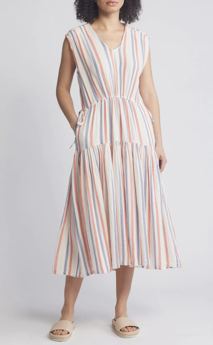 Caslon Stripe Sleeveless Cotton Midi Dress