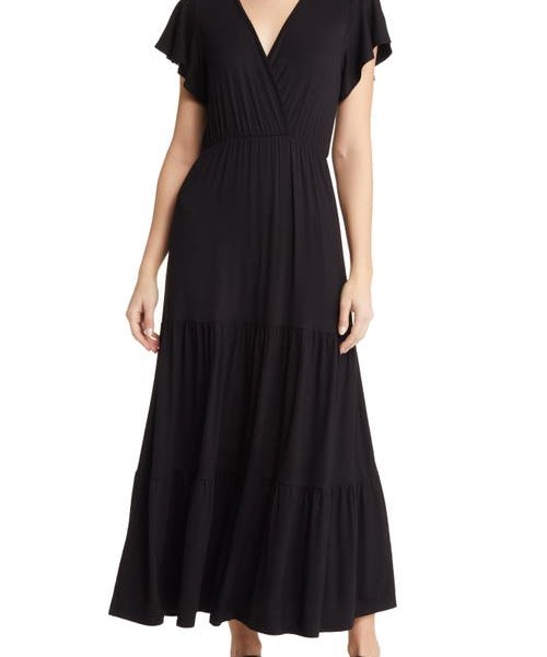 Loveappella Tiered Faux Wrap Knit Maxi Dress in Black at Nordstrom, Size Small