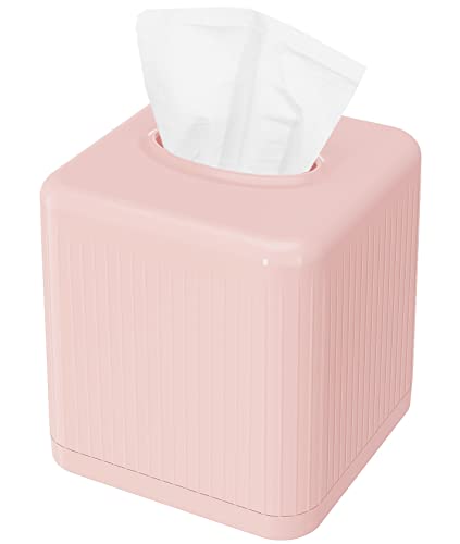 Livelab Tissue Box Cover with Base, Square Plastic Tissue Box Holder Decorative Tissue Cover Modern Cube Facial Tissue Dispenser for Bathroom Vanity Countertop, Living Room, Bedroom, Office - Pink