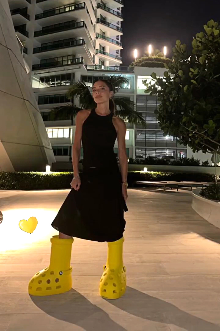Victoria Beckham Wears MSCHF's New Giant Yellow Crocs Boots