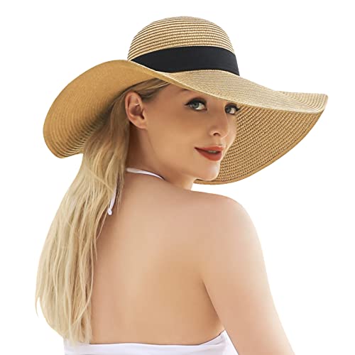 Womens Beach Sun Straw Hat - UV Protection UPF 50+ Sun Hats for Women with Wide Brim, Foldable Floppy Straw Beach Hat for Women