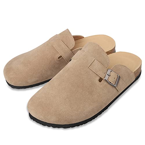 NOKOUT Boston Suede Clogs for Women Men Dupes Unisex Arizona Delano Slip-on Potato Shoes Footbed Cork Clogs and Mules, Apricot, 8 Wide Women/6.5 Wide Men