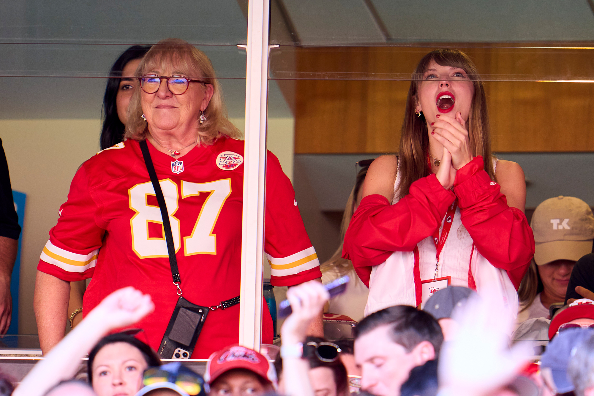 Jake From State Farm Sits With Travis Kelce Mom and Cites Taylor