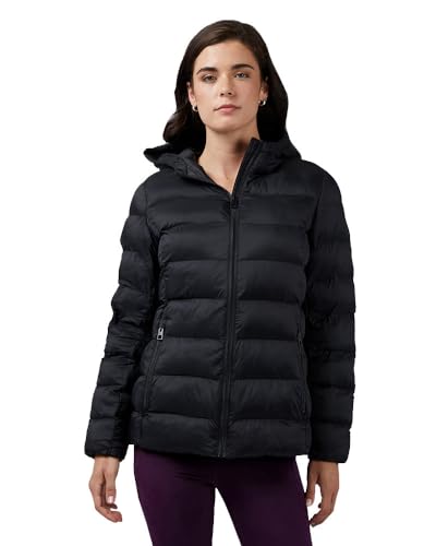 32 Degrees Women's Lightweight Recycled Poly-Fill Packable Hooded Jacket | Zippered Pockets | Water Repellent, Black, Medium