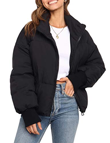MEROKEETY Women's 2023 Winter Long Sleeve Zip Puffer Jacket Pockets Baggy Short Down Coats,Black,S