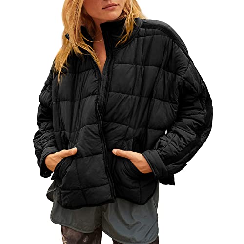 Flygo Womens Oversized Puffer Jacket Lightweight Quilted Jackets Zip Up Warm Padded Coat(Black-L)