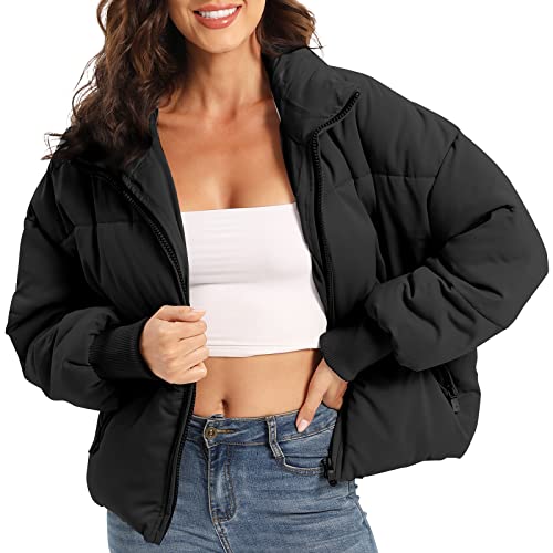 PABOPKOBI Women’s Winter Baggy Zip Puffer jackets Short Down Jacket Coat (Small, Black)