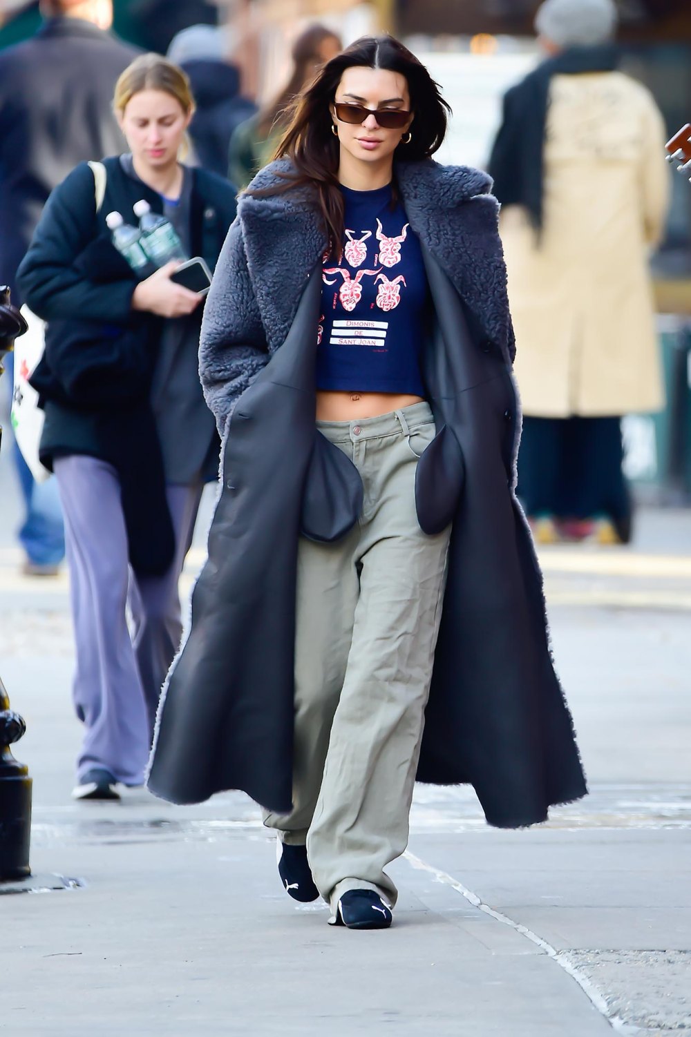 Emily Ratajkowski Pairs a Crop Top With a Sheepskin Coat in NYC