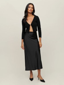 black silk midi skirt