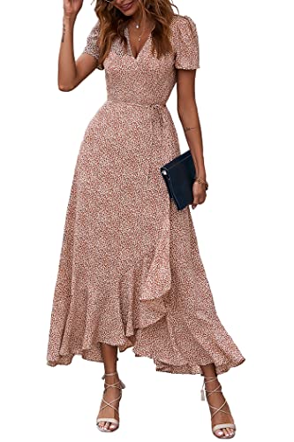 PRETTYGARDEN Women's Summer Wrap Maxi Dress Casual Boho Floral V Neck Short Sleeve Ruffle Hem Split Beach Long Dresses (Brown,Medium)