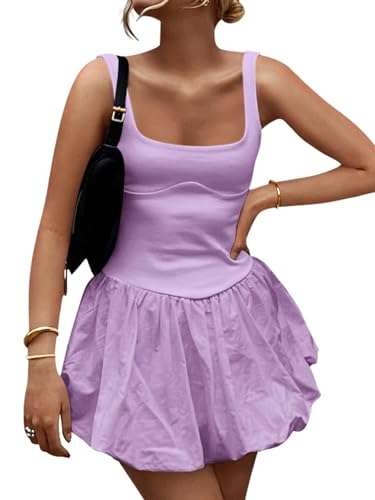 ZESICA Mini robe d'été 2024 pour femme - Sans manches - Col carré - Couleur unie - Robe courte de plage bouffante - Violet - Moyen