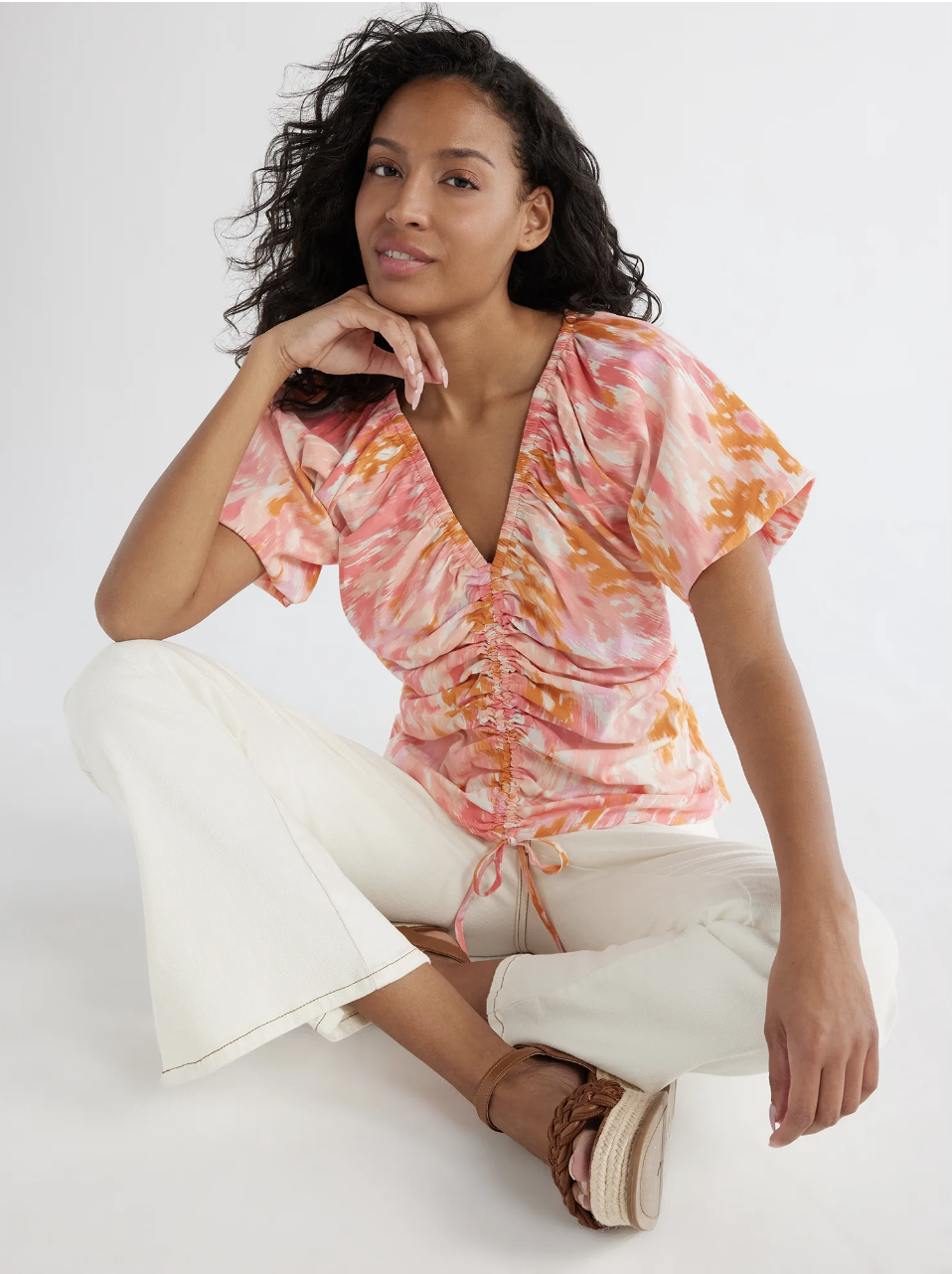 Time and Tru Women’s Woven Top with Puff Sleeves