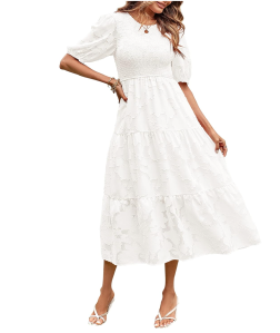 MEROKEETY Women's Puff Sleeve Smocked Midi Dress