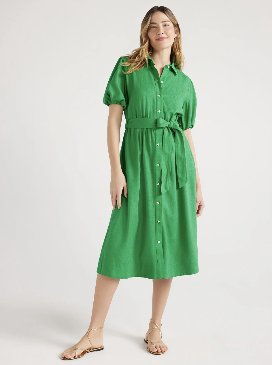 Free Assembly Women’s Midi Shirtdress with Puff Sleeves