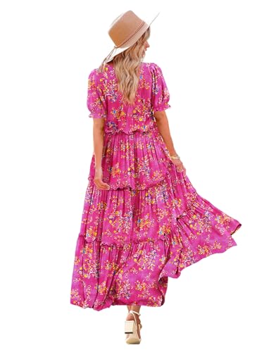 YESNO Summer Casual Bohemian Floral Dresses for Women 2024 Puff Short Sleeve Long Maxi Dress with Pockets XL ETX CR26