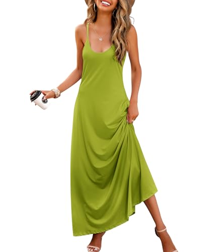 Wolddress Womens Casual Sleeveless Plus Size Loose Long Maxi Dress with Pockets Green Apple, X-Large