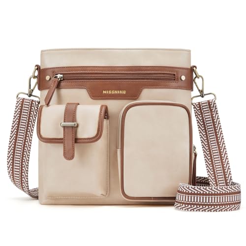 Missnine Crossbody Bags for Women Leather Purses Multi Pocket Trendy Shoulder Handbags with Adjustable Guitar Strap
