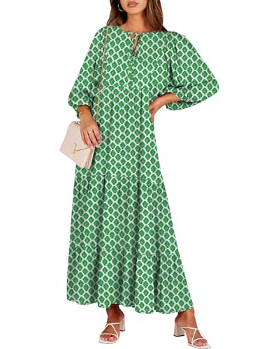 ANRABESS Womens Boho Maxi Dresses 2024 Summer V Neck Puff Sleeve Floral Flowy Swing Casual Long Dress Light Green Medium