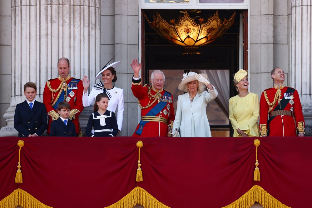 (L-R) Britain's Prince George of Wales, Britain's Prince William, Prince of Wales, Britain's Prince Louis of Wales, Britain's Catherine, Princess of Wales, Britain's Princess Charlotte of Wales, Britain's King Charles III, Britain's Queen Camilla, Britain's Sophie, Duchess of Edinburgh, and Britain's Prince Edward, Duke of Edinburgh, pose on the balcony of Buckingham Palace after attending the King's Birthday Parade "Trooping the Colour" in London on June 15, 2024. The ceremony of Trooping the Colour is believed to have first been performed during the reign of King Charles II. Since 1748, the Trooping of the Colour has marked the official birthday of the British Sovereign. Over 1500 parading soldiers and almost 300 horses take part in the event. (Photo by HENRY NICHOLLS / AFP) (Photo by HENRY NICHOLLS/AFP via Getty Images)