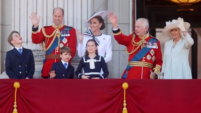 LONDON, ENGLAND - JUNE 15: Prince George of Wales, Prince William, Prince of Wales, Prince Louis of Wales, Princess Charlotte of Wales, Catherine, Princess of Wales, King Charles III and Queen Camilla during Trooping the Colour at Buckingham Palace on June 15, 2024 in London, England. Trooping the Colour is a ceremonial parade celebrating the official birthday of the British Monarch. The event features over 1,400 soldiers and officers, accompanied by 200 horses. More than 400 musicians from ten different bands and Corps of Drums march and perform in perfect harmony. (Photo by Chris Jackson/Getty Images)