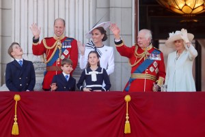 LONDON, ENGLAND - JUNE 15: Prince George of Wales, Prince William, Prince of Wales, Prince Louis of Wales, Princess Charlotte of Wales, Catherine, Princess of Wales, King Charles III and Queen Camilla during Trooping the Colour at Buckingham Palace on June 15, 2024 in London, England. Trooping the Colour is a ceremonial parade celebrating the official birthday of the British Monarch. The event features over 1,400 soldiers and officers, accompanied by 200 horses. More than 400 musicians from ten different bands and Corps of Drums march and perform in perfect harmony. (Photo by Chris Jackson/Getty Images)