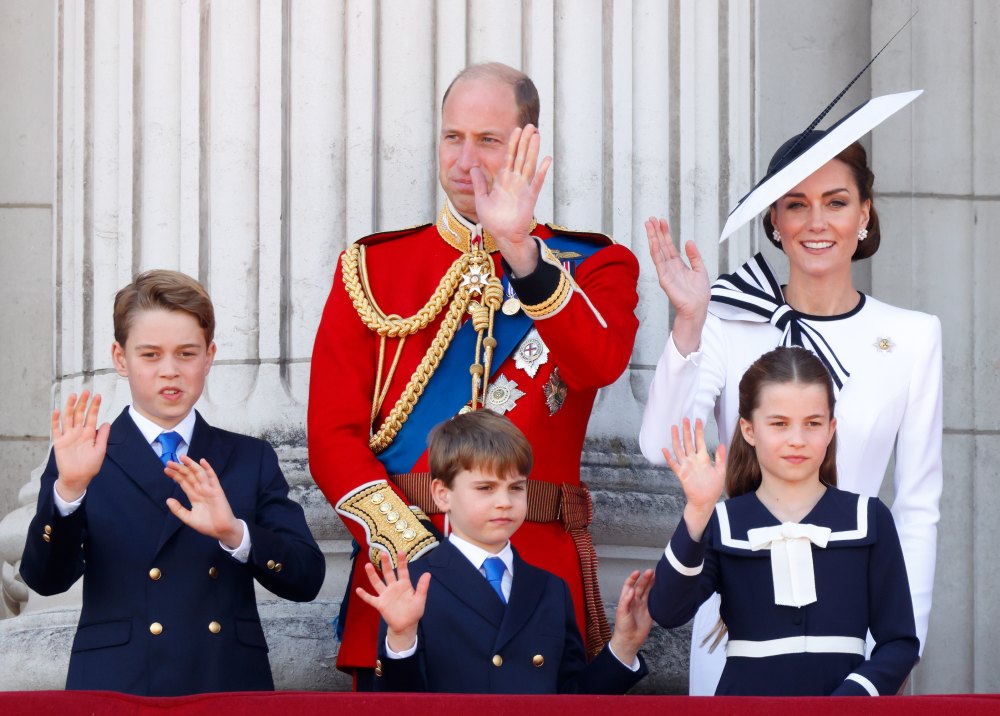LONDON, UNITED KINGDOM - JUNE 15: (EMBARGOED FOR PUBLICATION IN UK NEWSPAPERS UNTIL 24 HOURS AFTER CREATE DATE AND TIME) Prince George of Wales, Prince William, Prince of Wales (Colonel of the Welsh Guards), Prince Louis of Wales, Princess Charlotte of Wales and Catherine, Princess of Wales watch an RAF flypast from the balcony of Buckingham Palace after attending Trooping the Colour on June 15, 2024 in London, England. Trooping the Colour, also known as The King's Birthday Parade, is a military ceremony to mark the official birthday of the British Sovereign. The ceremony takes place at Horse Guards Parade followed by a flypast over Buckingham Palace and was first performed in the mid-17th century during the reign of King Charles II. The parade features all seven regiments of the Household Division with Number 9 Company, Irish Guards being the regiment this year having their Colour Trooped. (Photo by Max Mumby/Indigo/Getty Images)