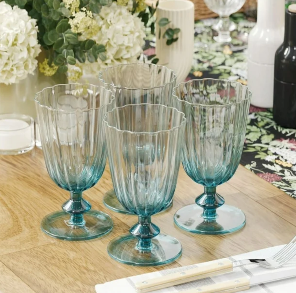 Beautiful Scallop Glass Goblets Set of 4 Cornflower Blue by Drew Barrymore