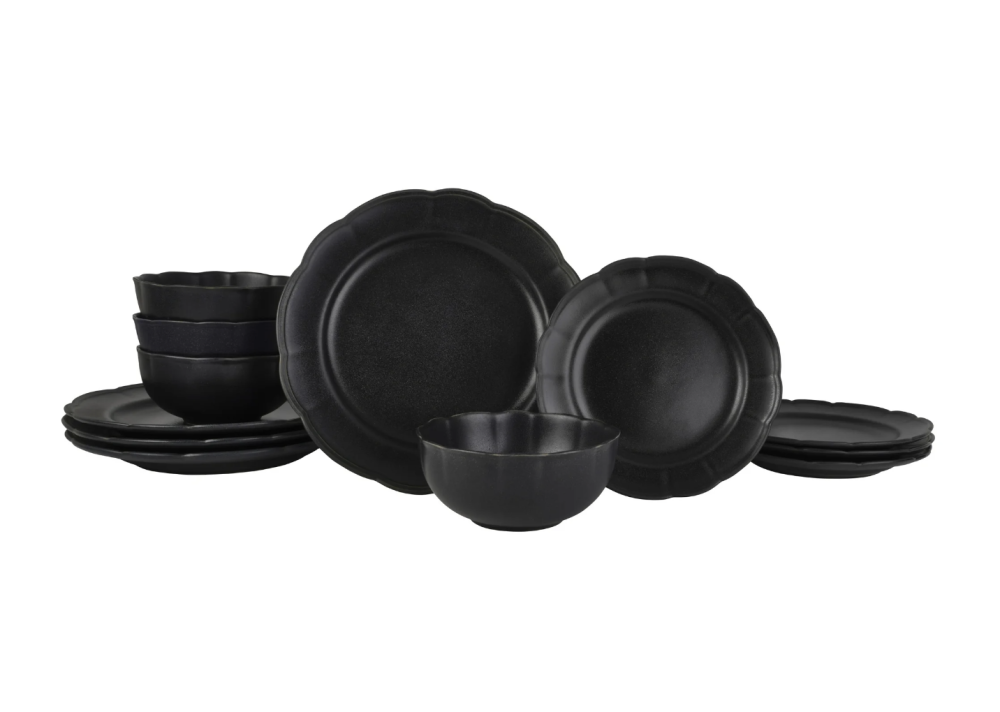 Beautiful Scallop Stoneware Dinnerware 12 Piece Set Black by Drew Barrymore