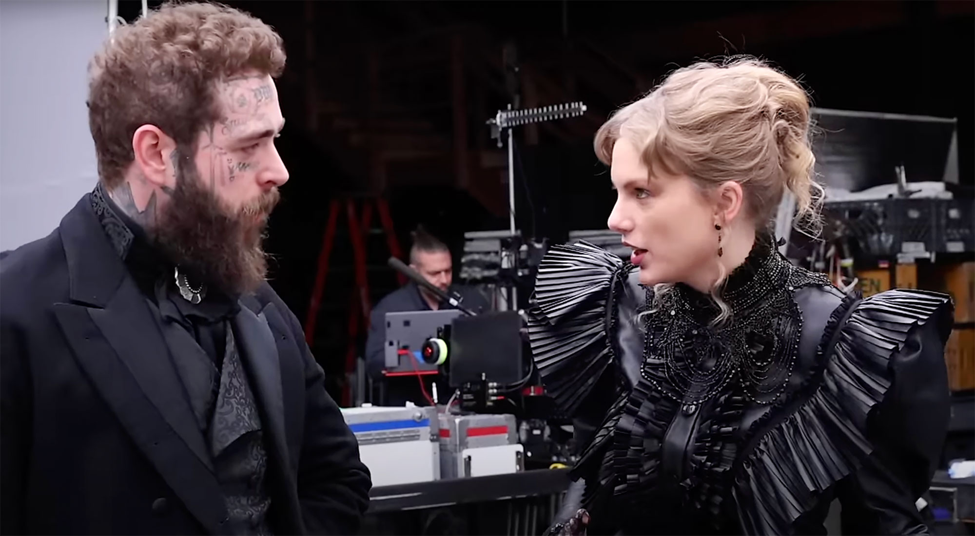 Taylor Swift and Post Malone behind the scenes of the Fortnight music video