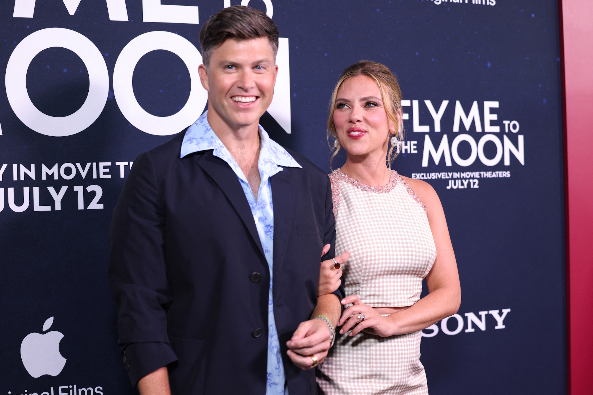 Scarlett Johansson Celebrates ‘Fly Me to the Moon’ With Colin Jost