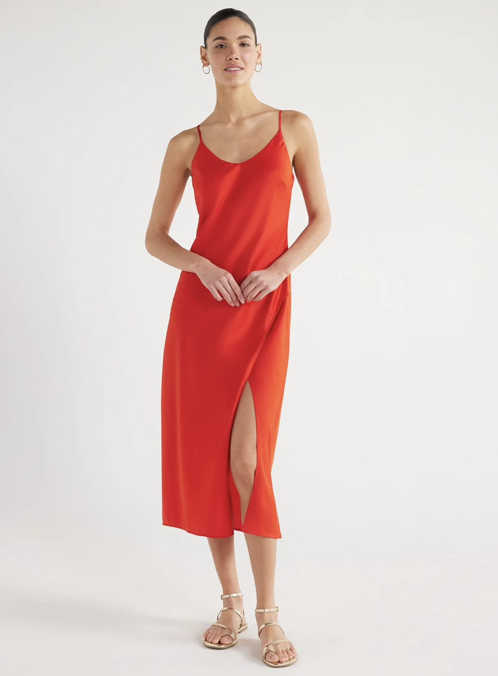 Scoop Women's Satin Midi Slip Dress with Side Slit