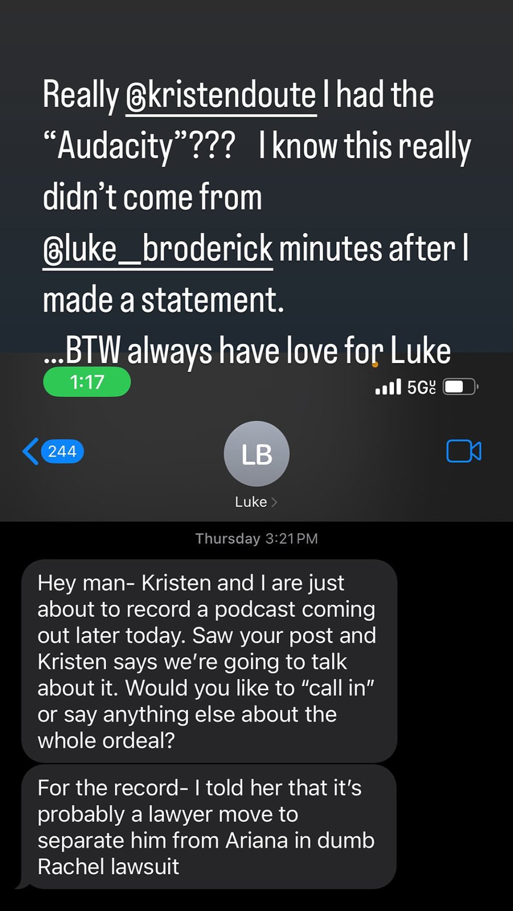 Tom Sandoval compartilha textos de Luke Broderick sobre os comentários de Kristen Doute sobre o processo de Ariana Madix