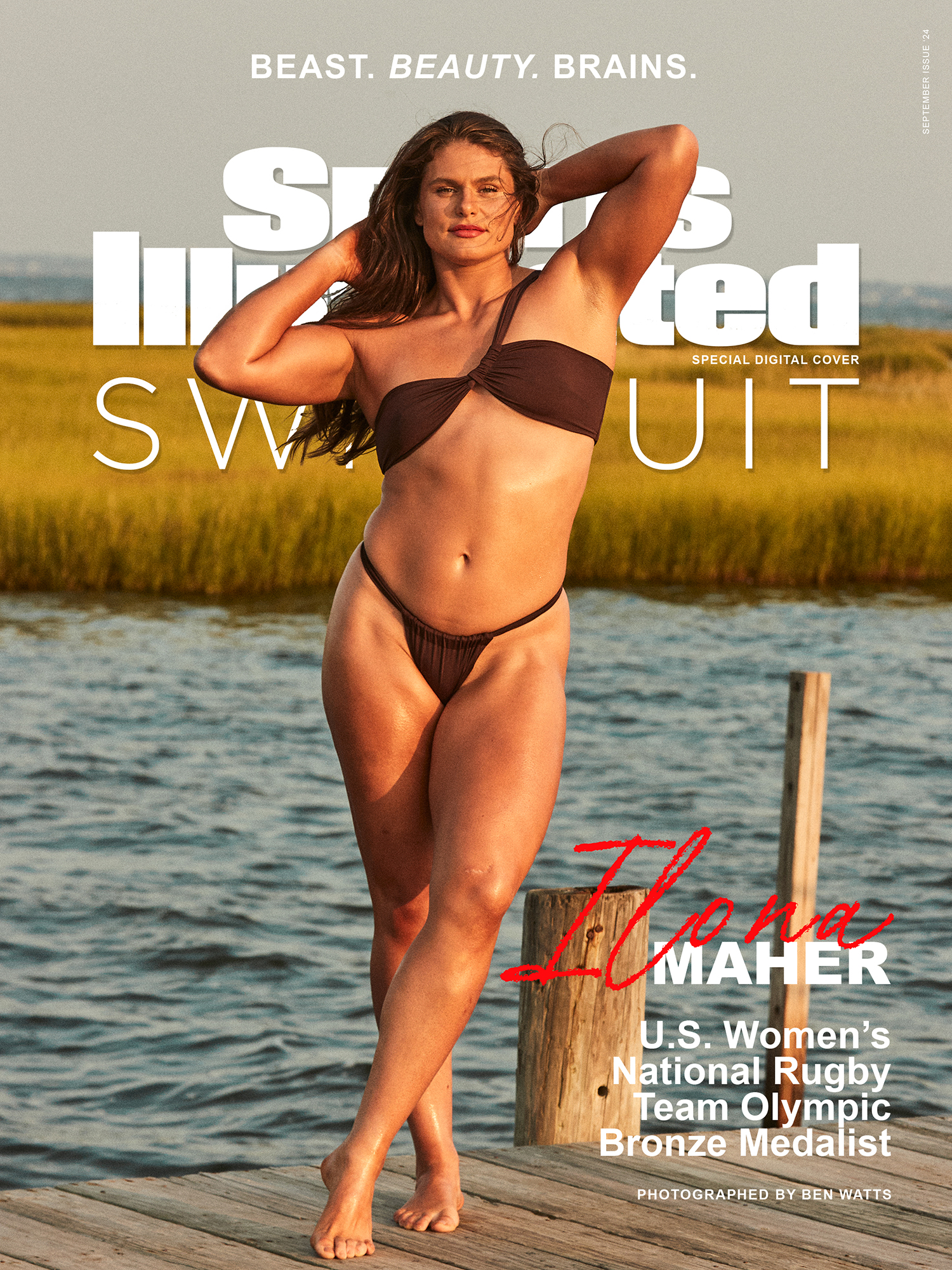 Ilona Maher posiert auf dem digitalen Cover von „SI Badeanzug“ in sexy Bikinis