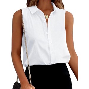 white sleeveless collared button up top