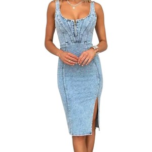 Utcoco Side Slit Bodycon Midi Denim Dress