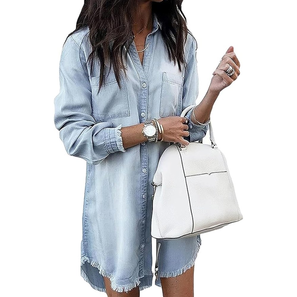 Zilcremo Distressed Denim Button Down Top Amazon