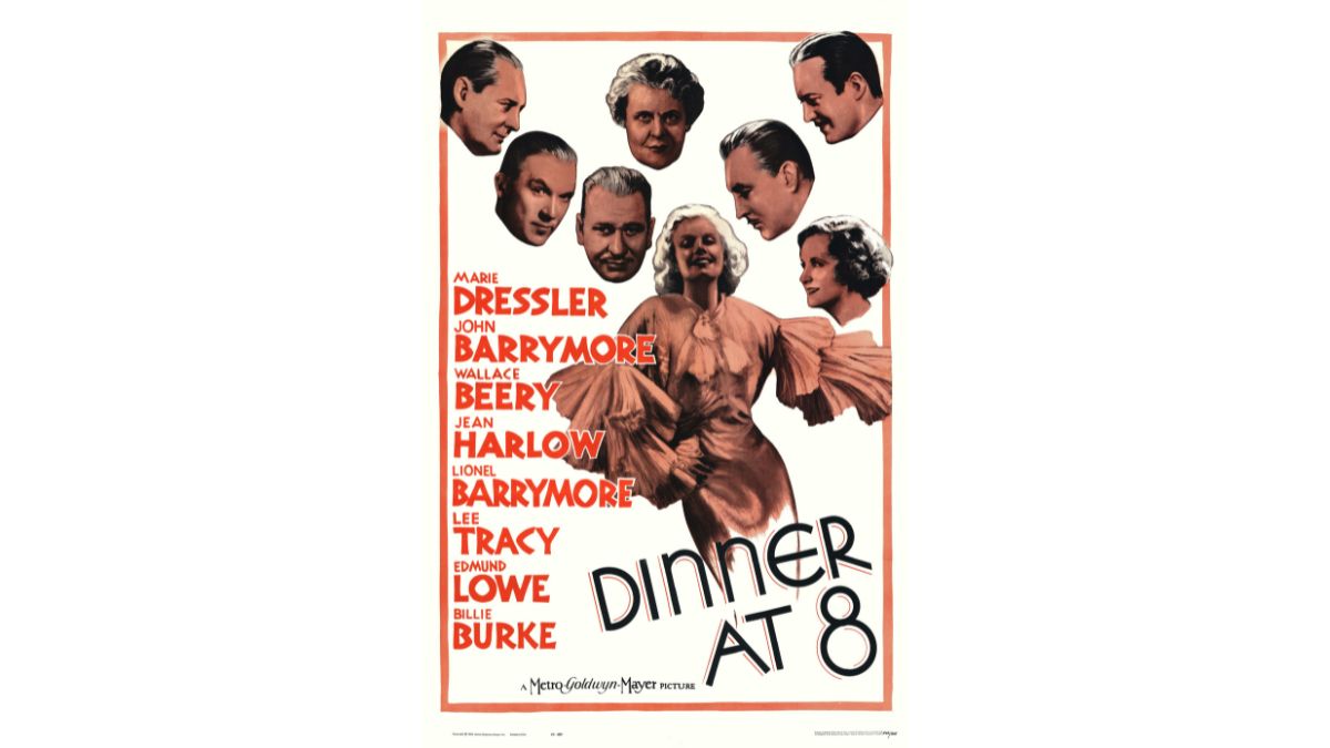 A poster for George Cukor's 1933 comedy drama 'Dinner At Eight', starring Jean Harlow (centre) and (left to right) Lionel Barrymore, Lee Tracy, Wallace Beery, Marie Dressler, Edmund Lowe, John Barrymore (top) and Billie Burk