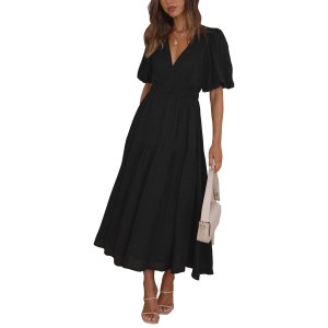 Lucrosun V-Neck Short Puff Sleeve Tiered Midi Dress