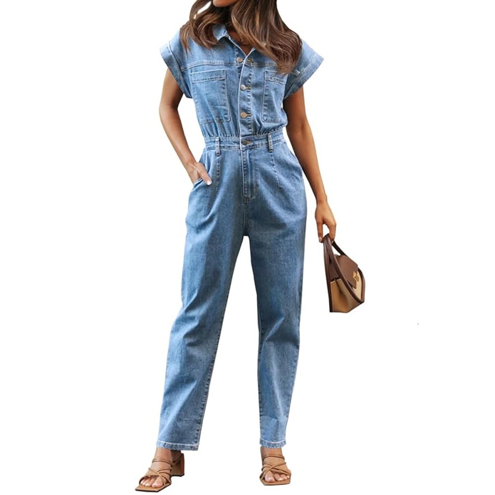 Tongmingyun Cap Lengan Denim Button Down Jumpsuit Amazon