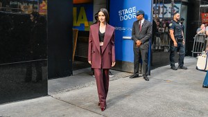 Lily Collins burgundy suit outfit