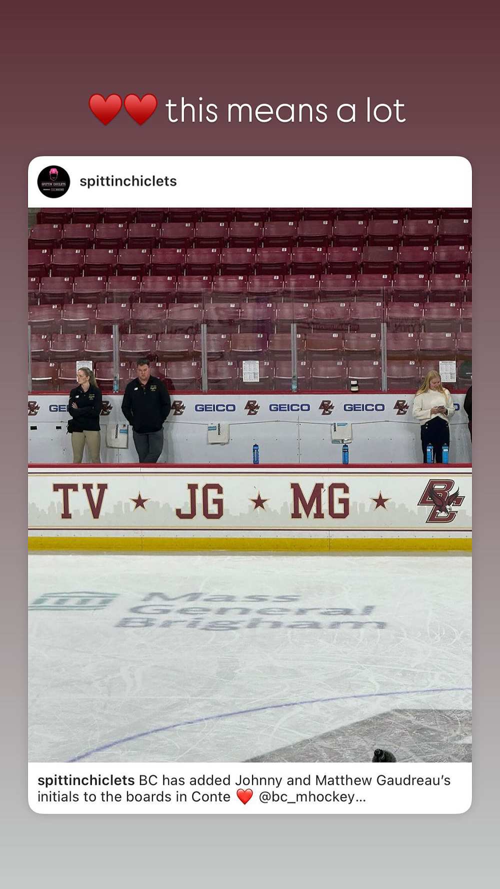 Meredith Gaudreau dijo agregando Johnny, las iniciales de Matthew a la pista de Boston College. 