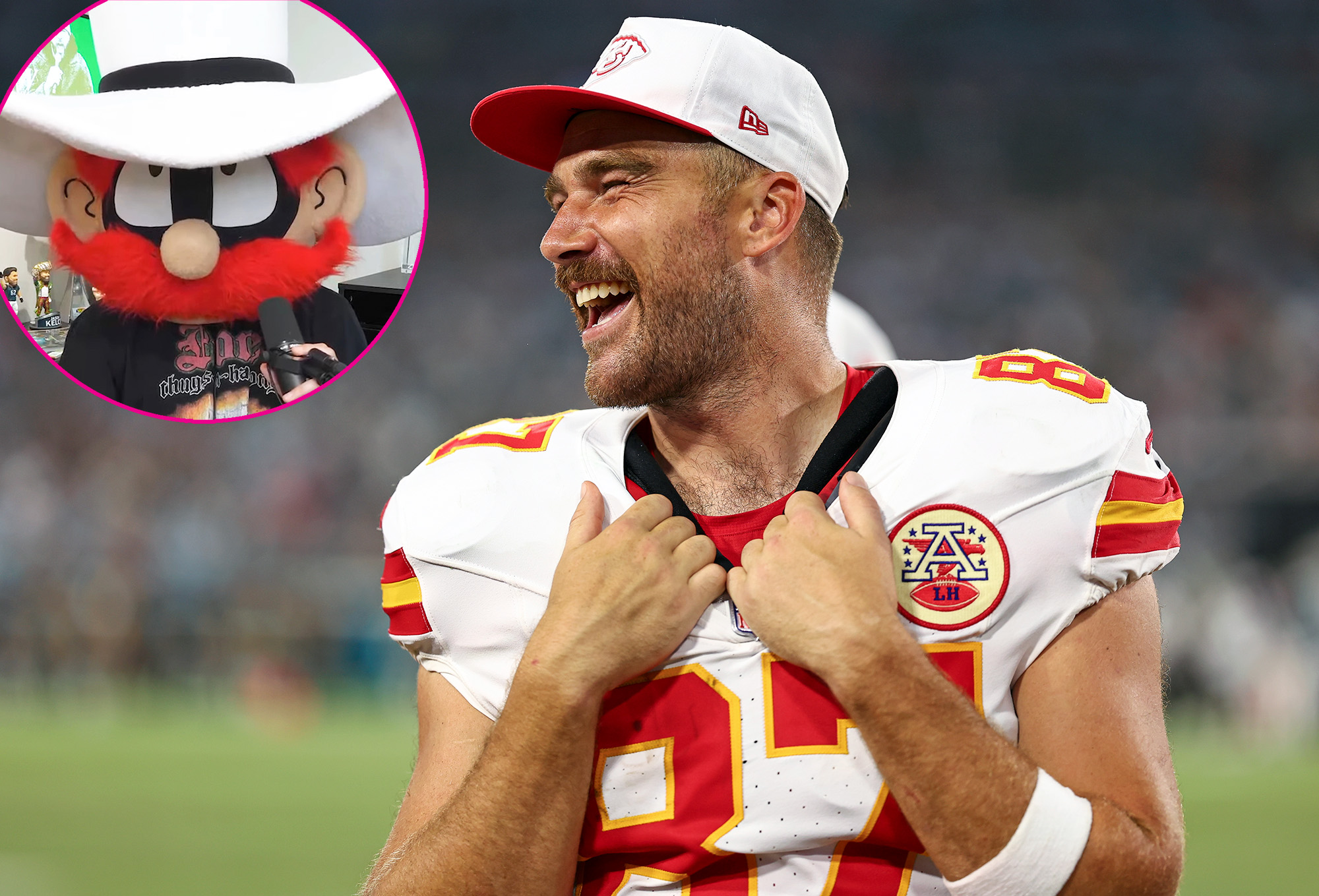 Por que Travis Kelce usou uma cabeça de mascote ‘boba’ em ‘New Heights’?