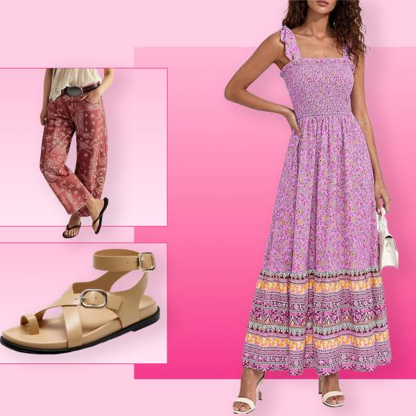 Barrel jeans, gladiator sandals, flowy dress and striped top