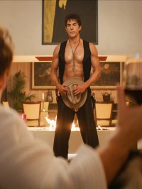 Fiona Shaw as Felicity Chase and Sacha Baron Cohen as Damien Sachs in Ladies First