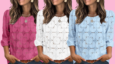 Sampeel 3/4 Length Sleeve Lace Eyelet Blouse